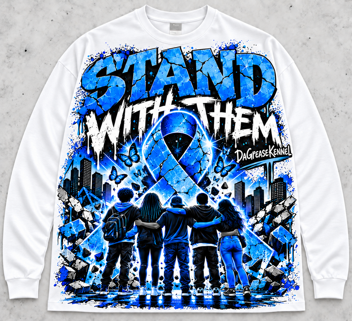 Stand With Them DGK Anti-Bullying Awareness Long Sleeve Tee - White with blue ribbon and youth solidarity graphic