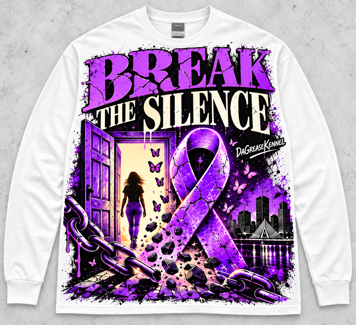 Break The Silence DGK Domestic Violence Awareness Long Sleeve Tee - White with purple ribbon and butterfly graphic