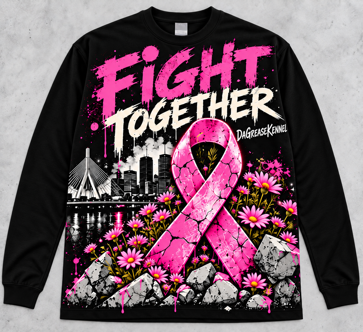 Fight Together DGK Breast Cancer Awareness Long Sleeve Tee - Black with pink ribbon and Boston skyline graphic