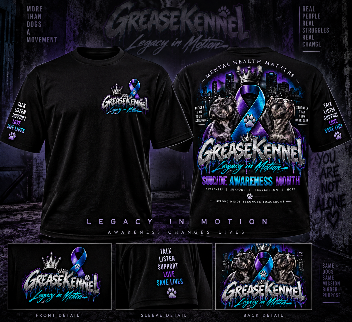 Grease Kennel Mental Health Awareness Tee front and back mockup